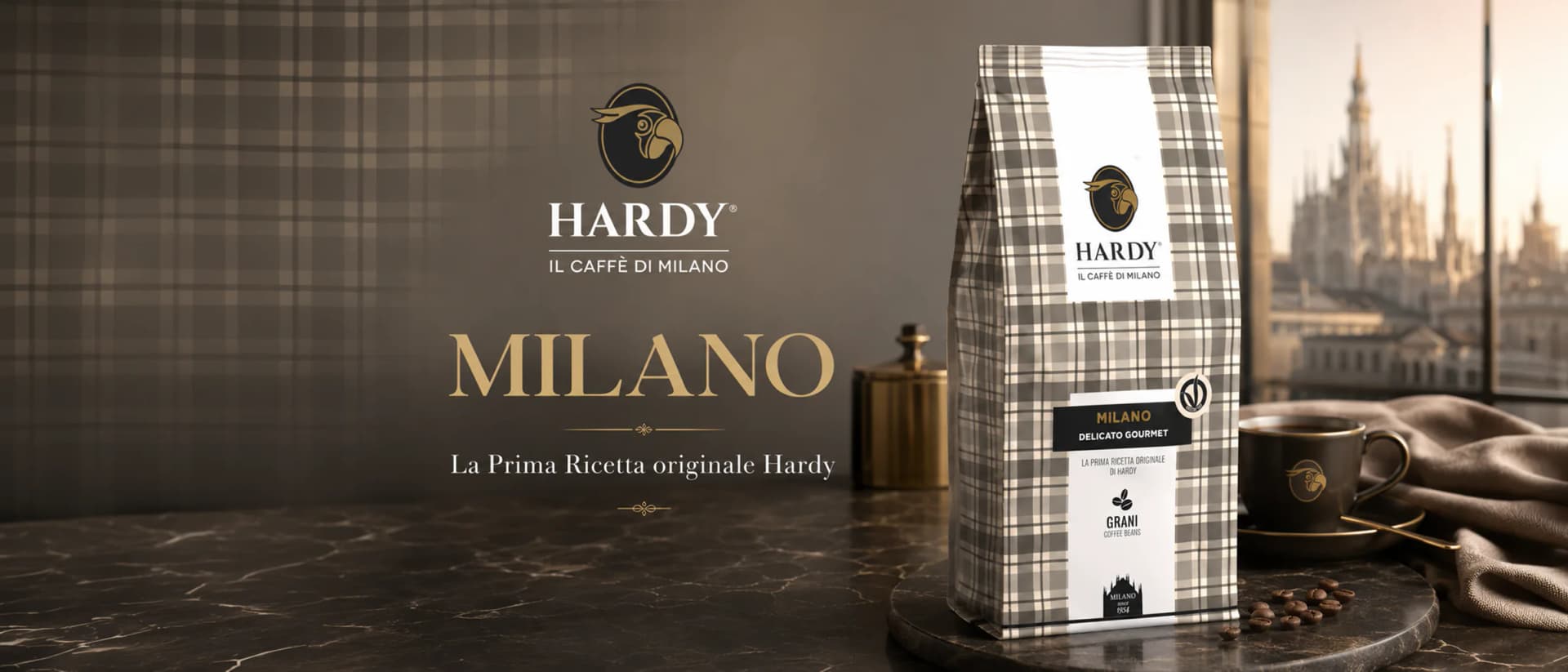 Miscela Milano Hardy: grani, tazzina e Duomo di Milano