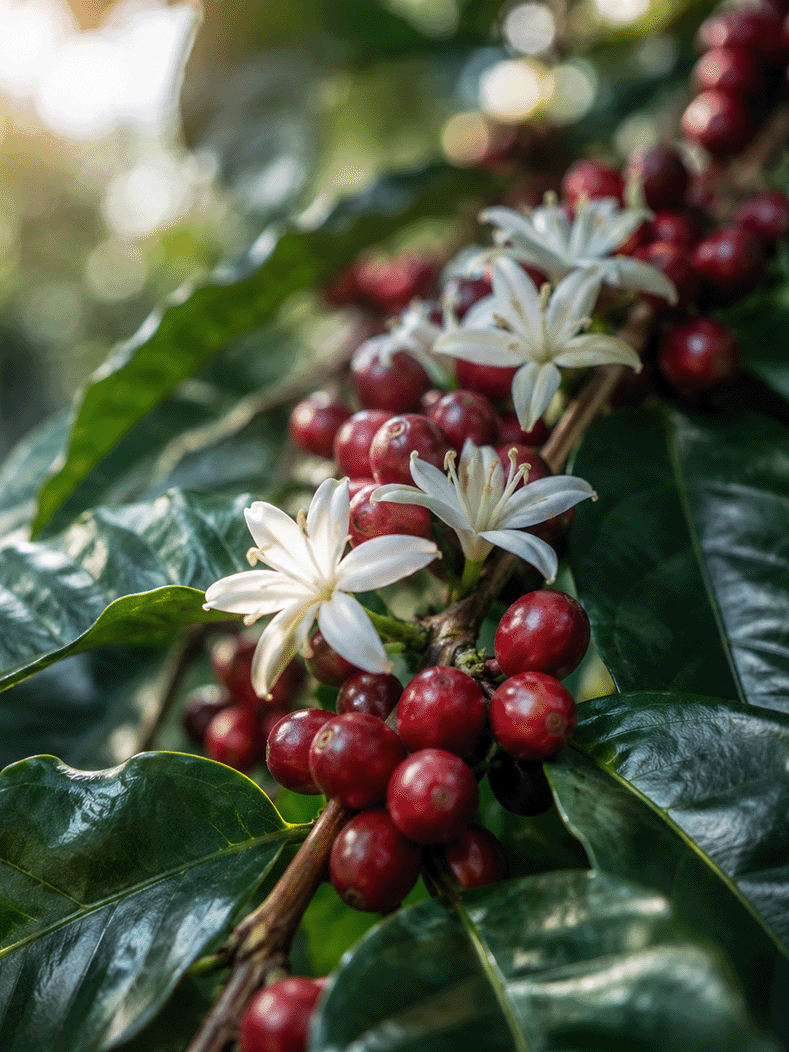 Drupe rosse di caffè sulla pianta